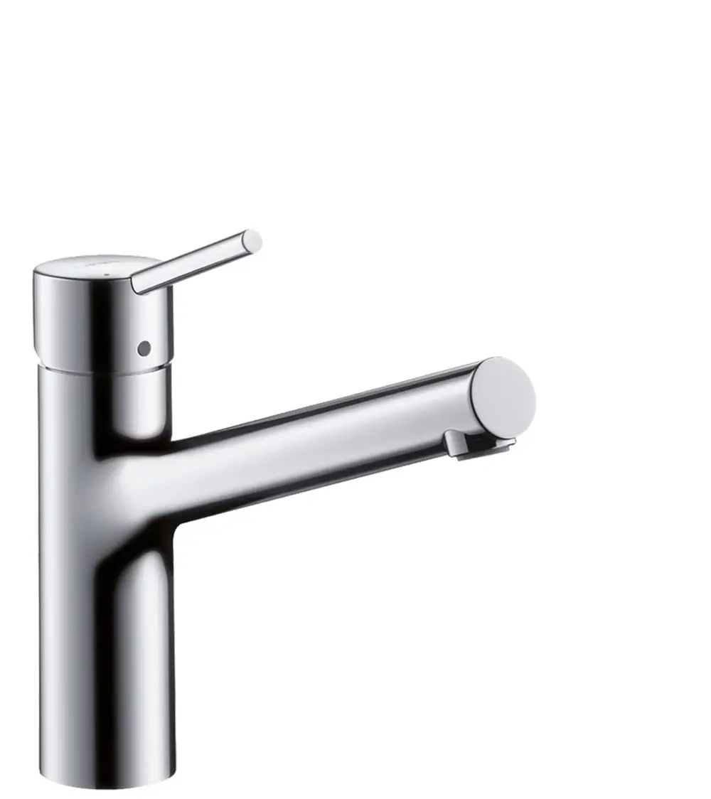 Einhebel-Küchenmischer aus Chrom mit einem schmalen Auslauf und einem seitlichen Bedienhebel. Produkt von Hansgrohe, für moderne Küchenanwendungen konzipiert.